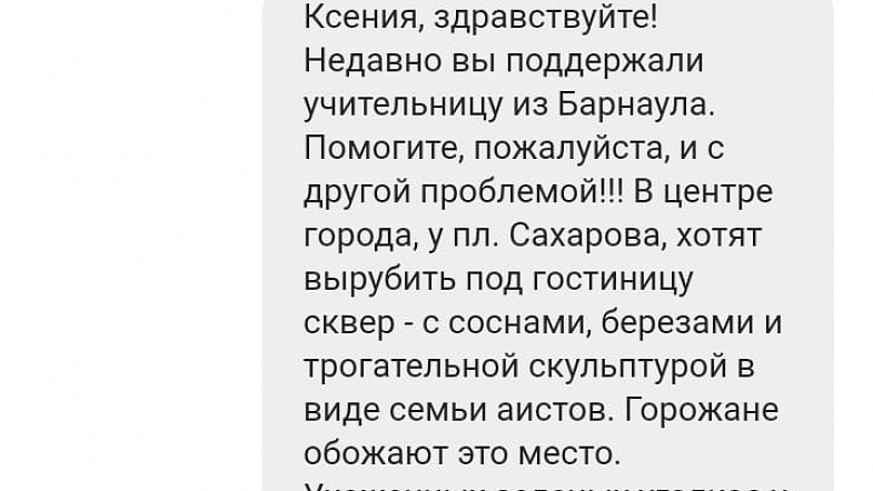 «Хочу зелёный Барнаул»: мать двоих детей написала Басте и Собчак о судьбе сквера на площади Сахарова
